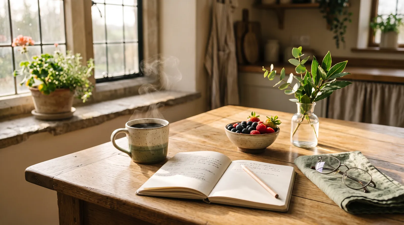 A calm kitchen table by a sunny window with a mug of coffee, an open notebook, folded reading glasses and a bowl of fruit